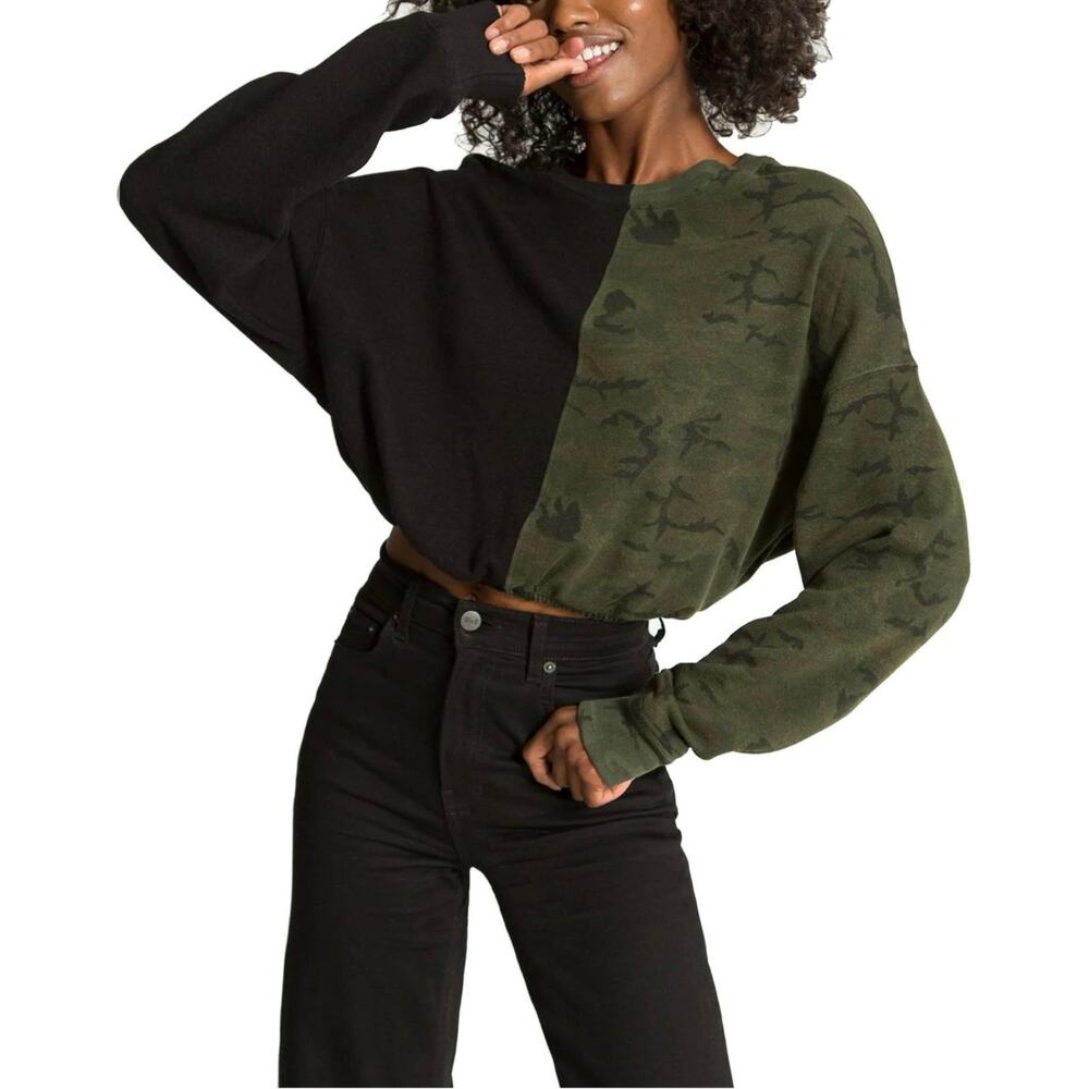 n:PHILANTHROPY Two-Tone Black and Olive Camo Cropped Sweatshirt